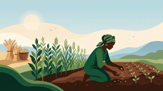 Woman farmer planting seeds in field under warm sun, celebrating international day of rural women, global recognition of their vital role.