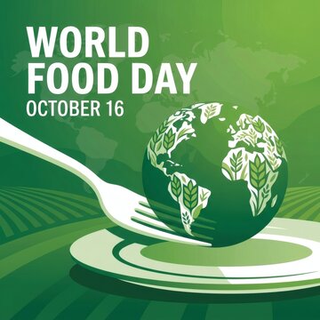 World food day banner concept with earth globe made of wheat stalks being served on white dinner plate against agricultural farmland landscape background.