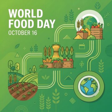 World food day flat infographic design showing agricultural processes from farm fields to harvesting crates and global food distribution cycle concept.