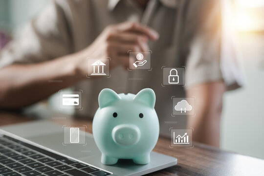 Piggy bank on a laptop with financial technology icons for banking, payment, cloud security, and investment growth, representing personal finance, online banking, savings, and wealth management.