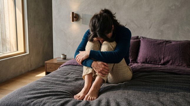 A young woman sitting on a bed looking sad and deeply depressed