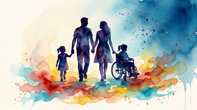 Watercolor painting of a family walking together including a child in a wheelchair with watercolor wheelchair disability inclusion