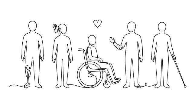 Line art illustration showing diverse group of people with various physical disabilities disability inclusive diversity handicap