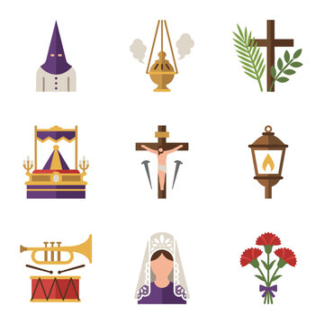 Vector illustration of a traditional Semana Santa in Seville scene featuring a nazareno penitent with a capirote hood during a Holy Week religious procession in Andalusia, Spain.