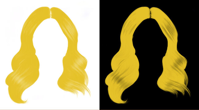 Blonde hair wig illustration, long wavy yellow hairstyle for women, feminine golden hair extensions on white and black background