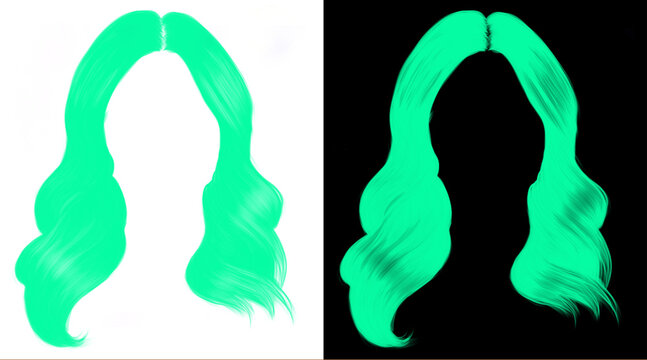 Neon mint green long wavy hair illustration, vibrant turquoise female hairstyle set, glowing aqua wig design for digital avatars and character art