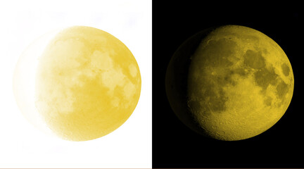 Golden moon phase illustration set, glowing yellow lunar surface on black and white backgrounds, celestial astronomical planet design elements © M Golam