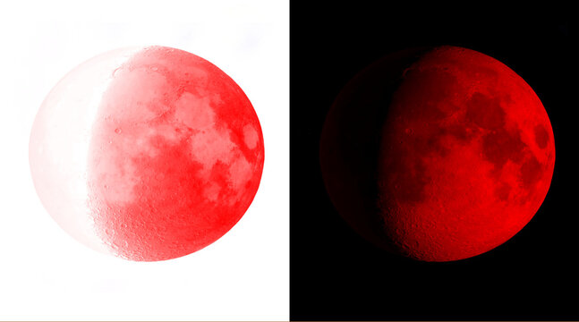 Blood red moon illustration set, glowing lunar eclipse phases on black and white backgrounds, mystical celestial moon art for astronomy design