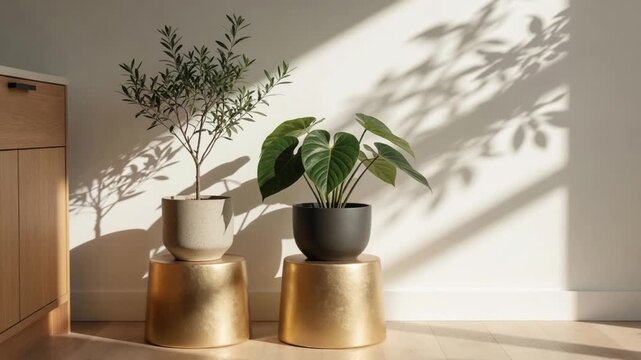 Indoor potted olive tree and anthurium plant on golden pedestal stands two