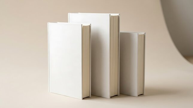 Three blank white hardcover books standing upright on a soft beige surface. 3 book mockup