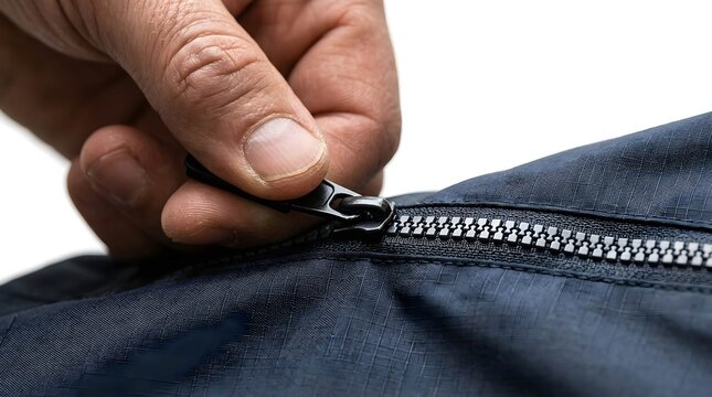 Close up of human hand pulling zipper fastener on dark blue fabric apparel