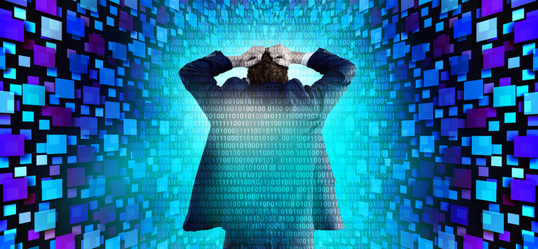 AI anxiety and Phobia concept representing fear surrounding artificial intelligence machine learning neural networks automation and emerging technology portrayed as a human computer hybrid intelligenc
