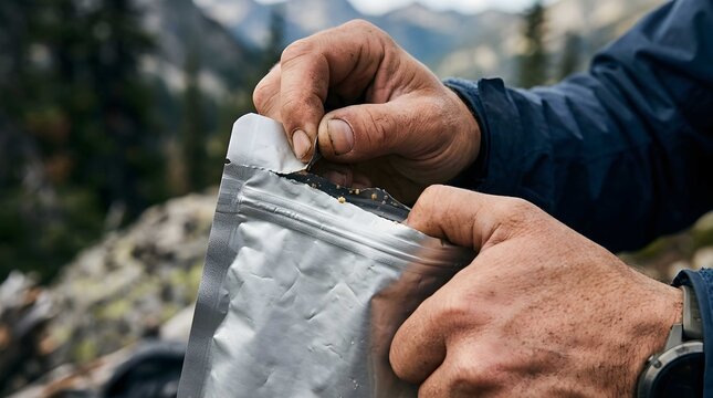 Close up view of hands opening silver foil pouch outdoors in nature
