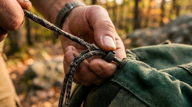 Close up view of hands pulling and tightening a heavy cord on a green fabric bag outdoors