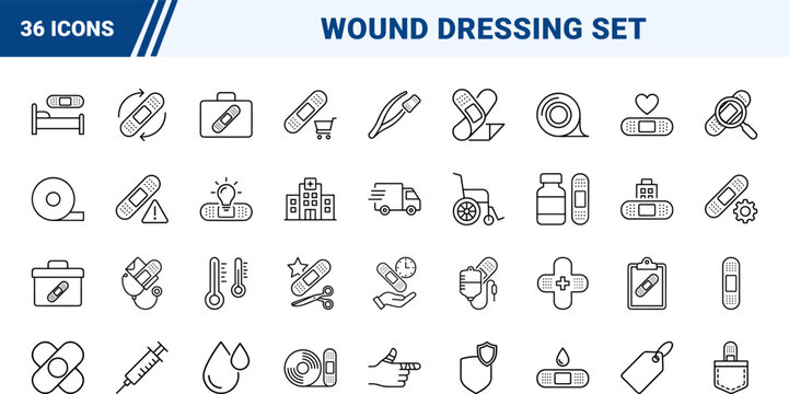 Bandage Wound Care Round Web Icon Set in Linear Style. Collection of wound care line icons, including dressing, bandaging, medical care, first aid, clinic round, patient treatment.