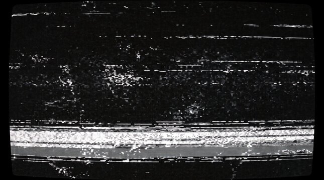 Static television screen noise displaying grainy black and white analog signal distortion with horizontal scan lines and flickering texture in a retro vintage broadcast display style