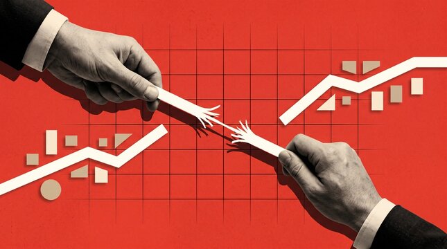 Business hands pulling a broken financial growth chart in opposite directions on a red background