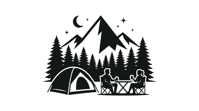 Camping couple sitting at a table with a tent under mountain peaks and pine trees in a minimalist black and white vector graphic style design for outdoor adventure lovers everywhere.