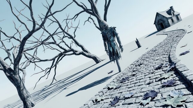 Creepy masked figure standing in a desolate surreal landscape
