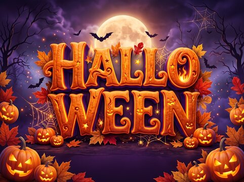 Halloween Typography Background with Pumpkins, Moon and Autumn Leaves