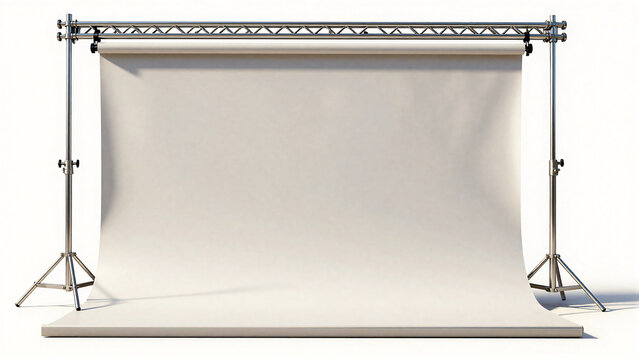 Empty white photo studio backdrop with professional stands