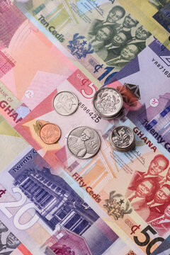 Ghana, Ghanaian paper money, cedi banknotes as currency for exchange or travel. Ghana money