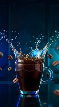 Dramatic splash of dark coffee in a glass mug with floating coffee beans