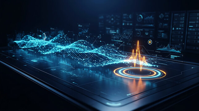 Futuristic digital interface showing glowing data visualization and holographic technology on a dark background