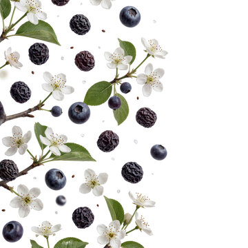 Dried serviceberries floating freely in a scattered constellation alongside white flowers and green leaves isolated on white