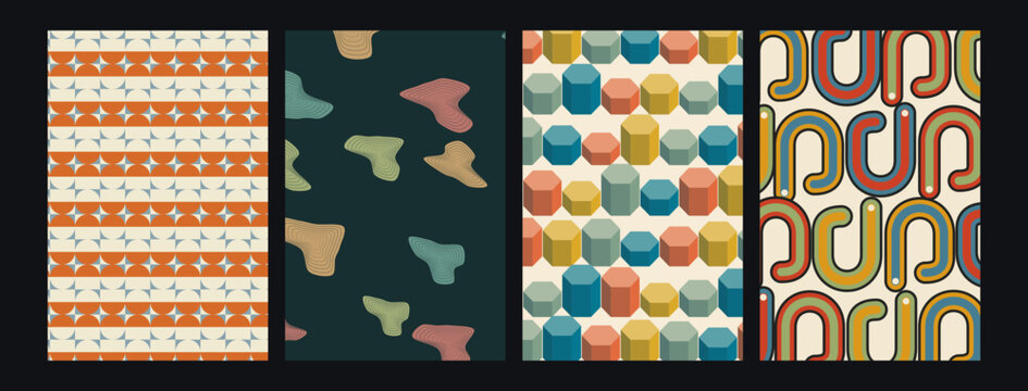 Set of four retro geometric seamless patterns with mid-century modern shapes and vibrant colors