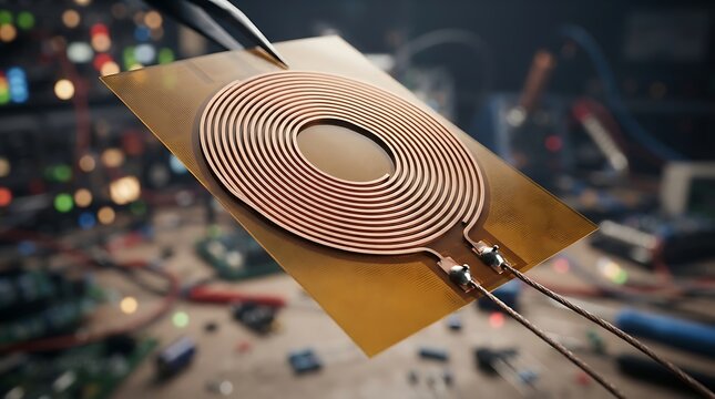 Close up of a copper wireless charging coil on a flexible printed circuit board held by tweezers in an electronics laboratory setting