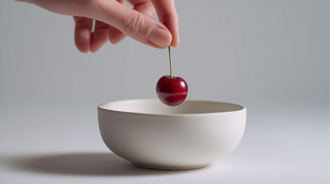 Hand Holding a Single Fresh Red Cherry with Stem Over White Bowl