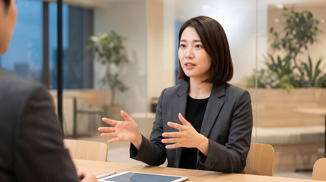 Businesswoman in a suit talking and gesturing during a meeting in a modern office
