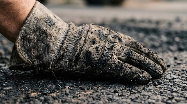 Dirty leather work glove resting on rough asphalt surface outdoors