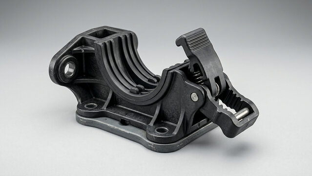 Close-up view of a black plastic mounting bracket with a quick-release clamping mechanism and multiple screw holes on a grey background.