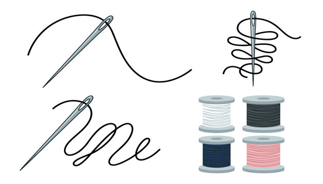 Vector set of sewing needles with thread loops and colorful spools . Tailoring tools, cursive wave stitching lines, craft embroidery elements isolated on white .