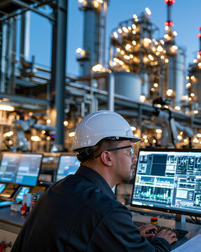 Engineer monitors complex industrial systems at night. Control panels glow with digital data, reflecting precision. Worker wears safety helmet, focused on operations