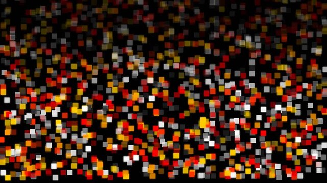 Abstract digital background with glowing colorful squares and pixels falling down on a dark background