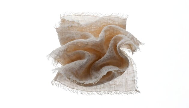 Scarf crumpled into a soft pile with frayed edges on white.