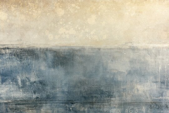 Abstract textured artwork with a muted beige upper half and a dark, distressed blue-gray lower half, featuring rough, layered brushstrokes and subtle numeric markings.