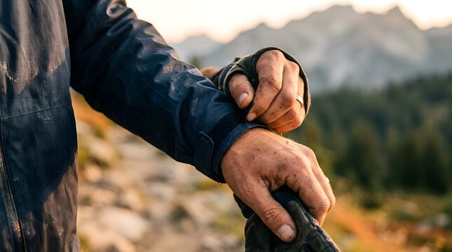 Hiker adjusting waterproof jacket cuff in mountains during sunrise