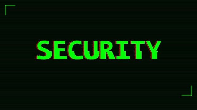 Security text with digital glitch effect and scanlines on dark screen, cybersecurity concepts, threat analysis, data protection, system warning