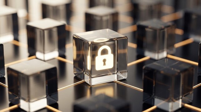 Glowing lock icon encased within a transparent glass cube represents digital cybersecurity, data protection, secure encryption, and modern network integrity concepts