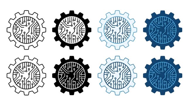 Set of four interconnected circuit gear icons in monochrome and blue tones for technical documentation