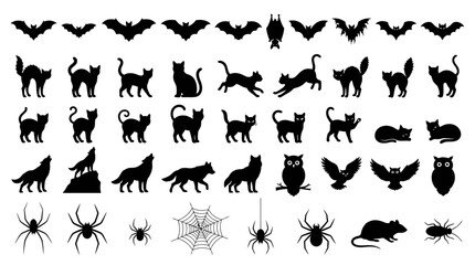 Fototapeta premium Halloween silhouette collection, spooky animal vector set with black cats and bats, creepy spider and wolf icons for holiday design, 49 graphic elements isolated PNG with Transparent Background