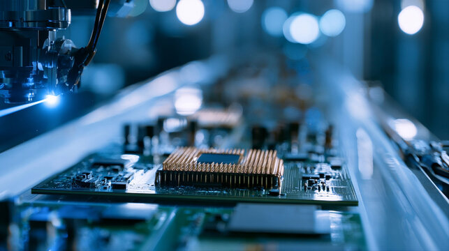 Automated Robotic Machine Assembling Microchip and Circuit Board with Laser in High Tech Semiconductor Manufacturing Plant