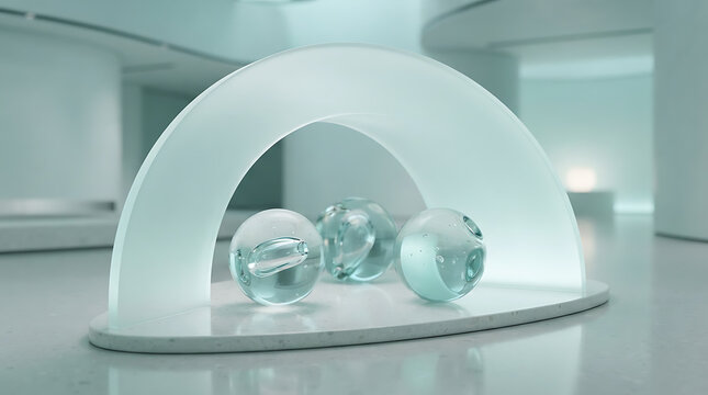 Three transparent spheres displayed under a curved glass arch in a minimalist indoor setting