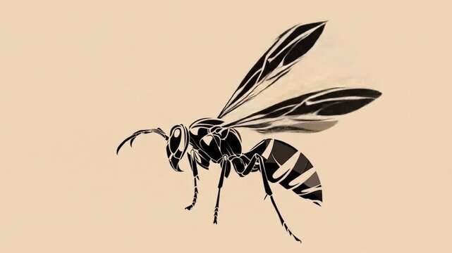 Animated wasp flying with detailed wings and striking pattern
