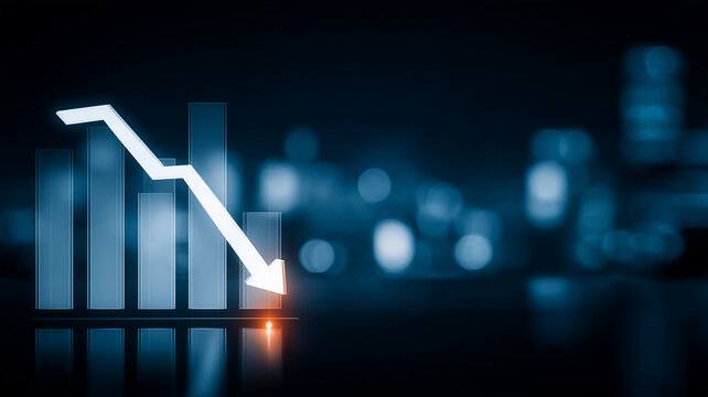 A downward arrow crossing a bar chart represents market decline and negative business performance.

