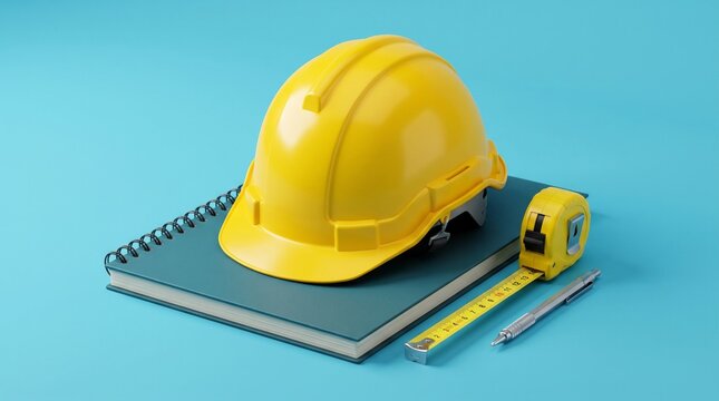 Bright yellow plastic construction helmet resting on a teal spiral notebook next to measuring tape and metallic drafting pen tool